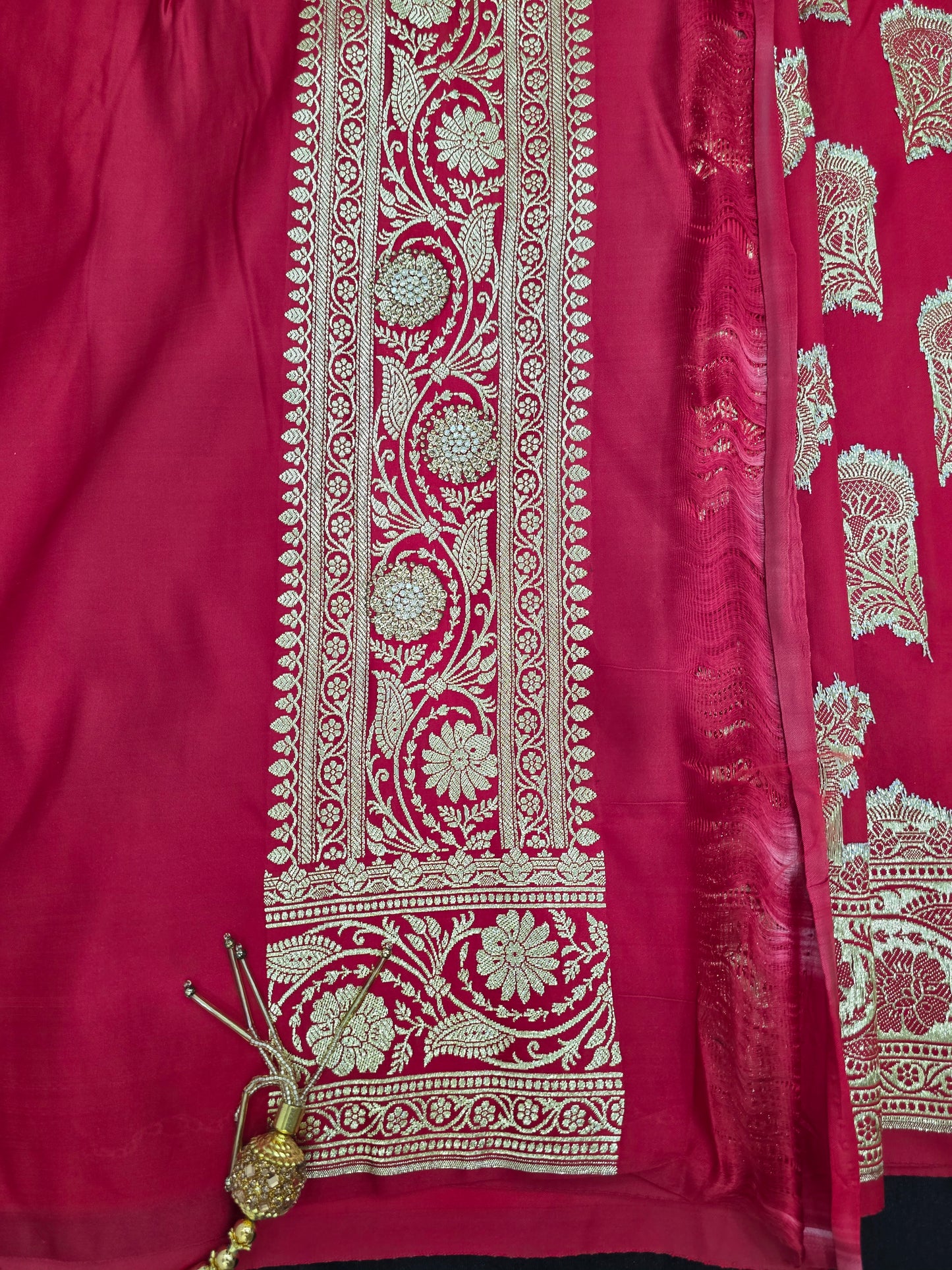 Red Zarkan Swarovski Banarasi Katan Saree
