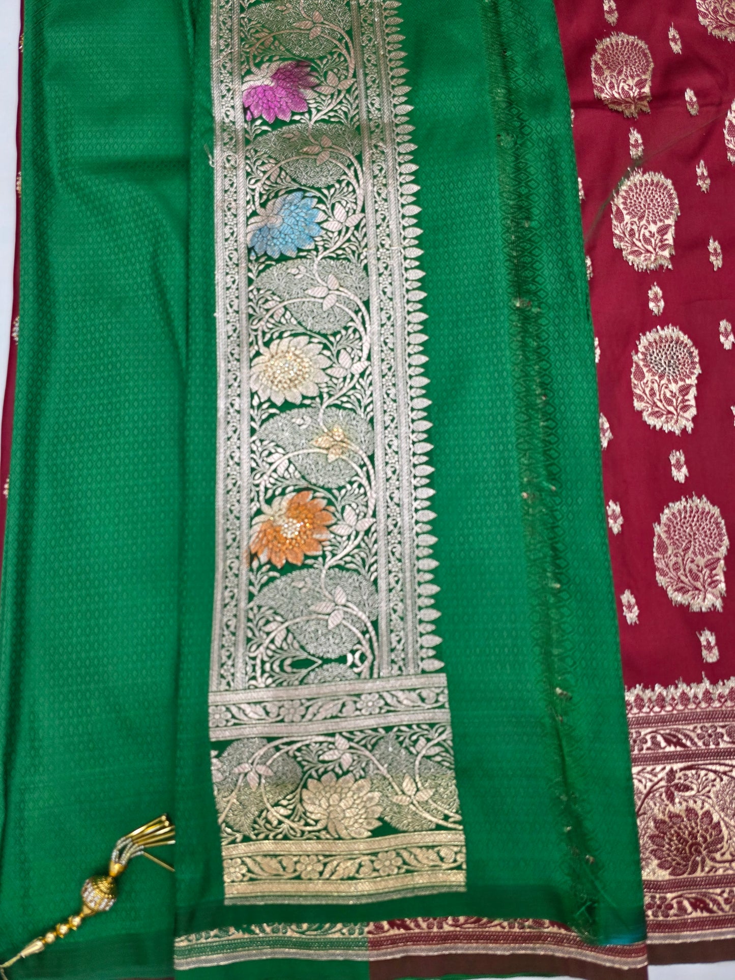 Maroon Zarkan Swarovski Banarsi Katan saree