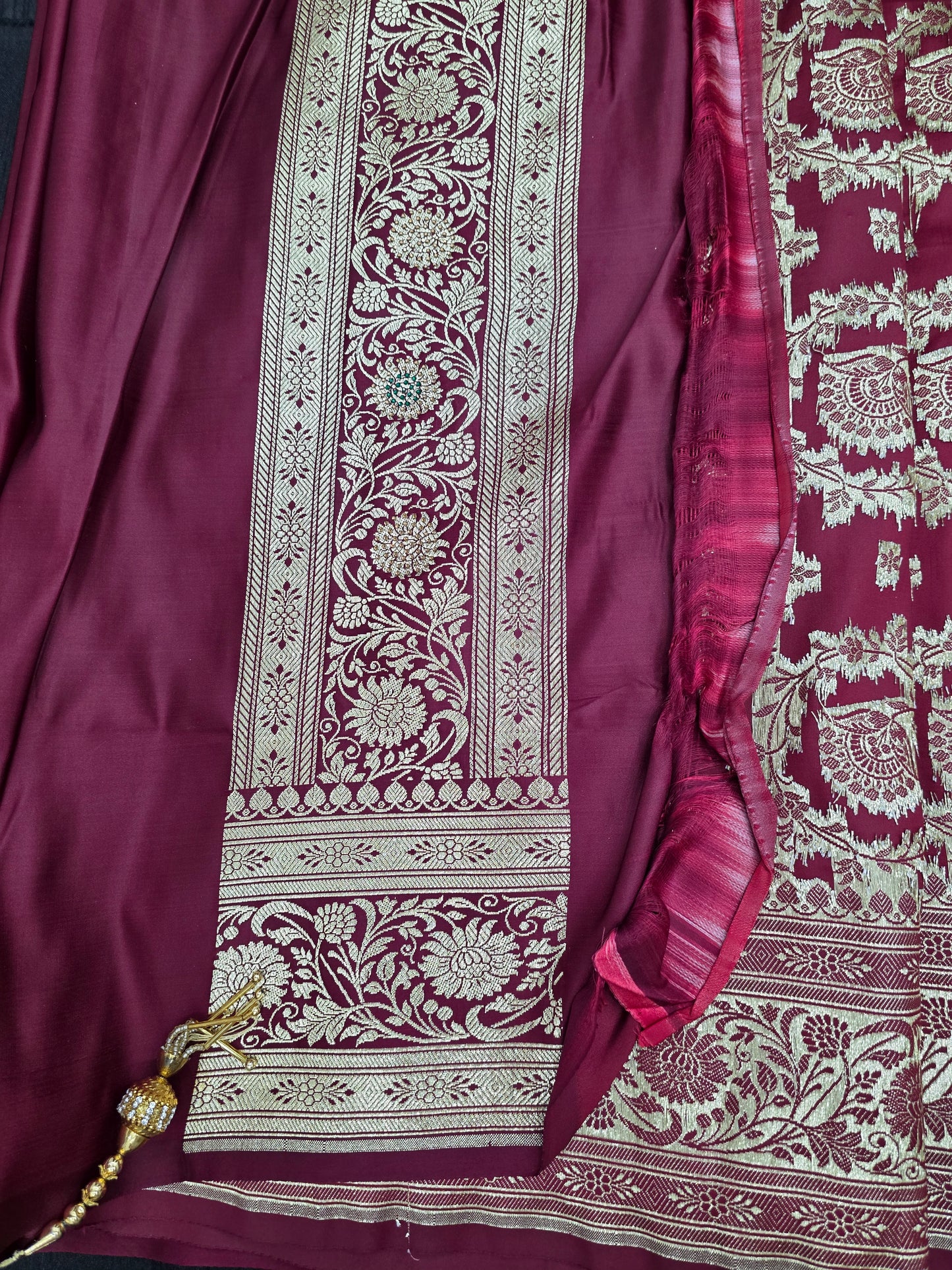 Maroon Zarkan Swarovski Banarasi Katan Saree