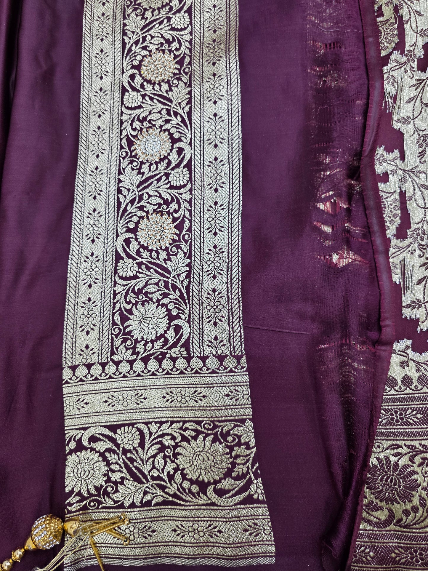 Wine Zarkan Swarovski Banarasi Katan Saree