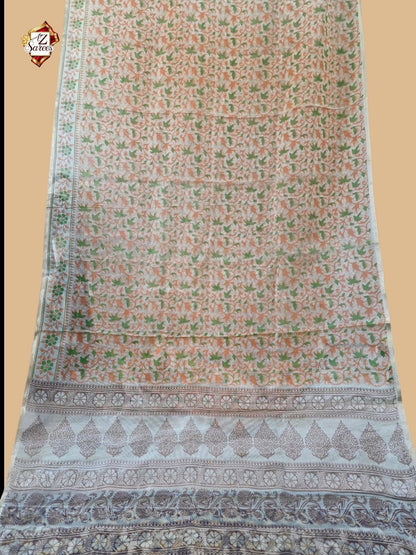 Cream Banarasi Printed Saree
