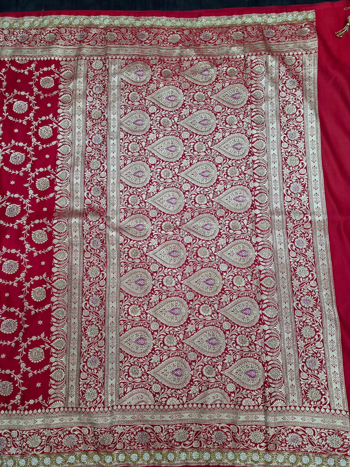 Red Zarkan Swarovski Banarasi Katan Saree