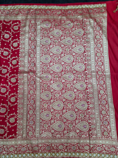Red Zarkan Swarovski Banarasi Katan Saree
