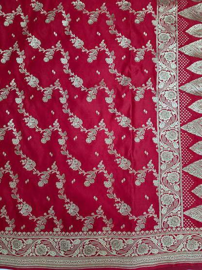 Red Swarovski Banarasi katan silk Saree