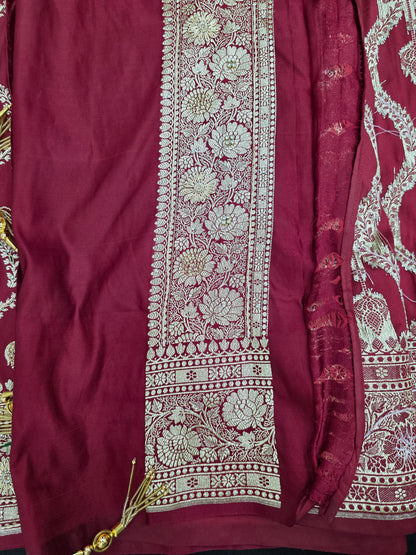 Maroon Zardozi Zarkan Banarasi Katan Saree