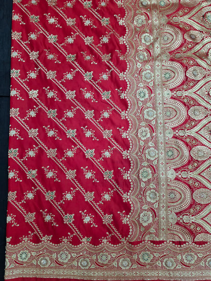 Red Zardozi Zarkan Moti Banarasi Saree