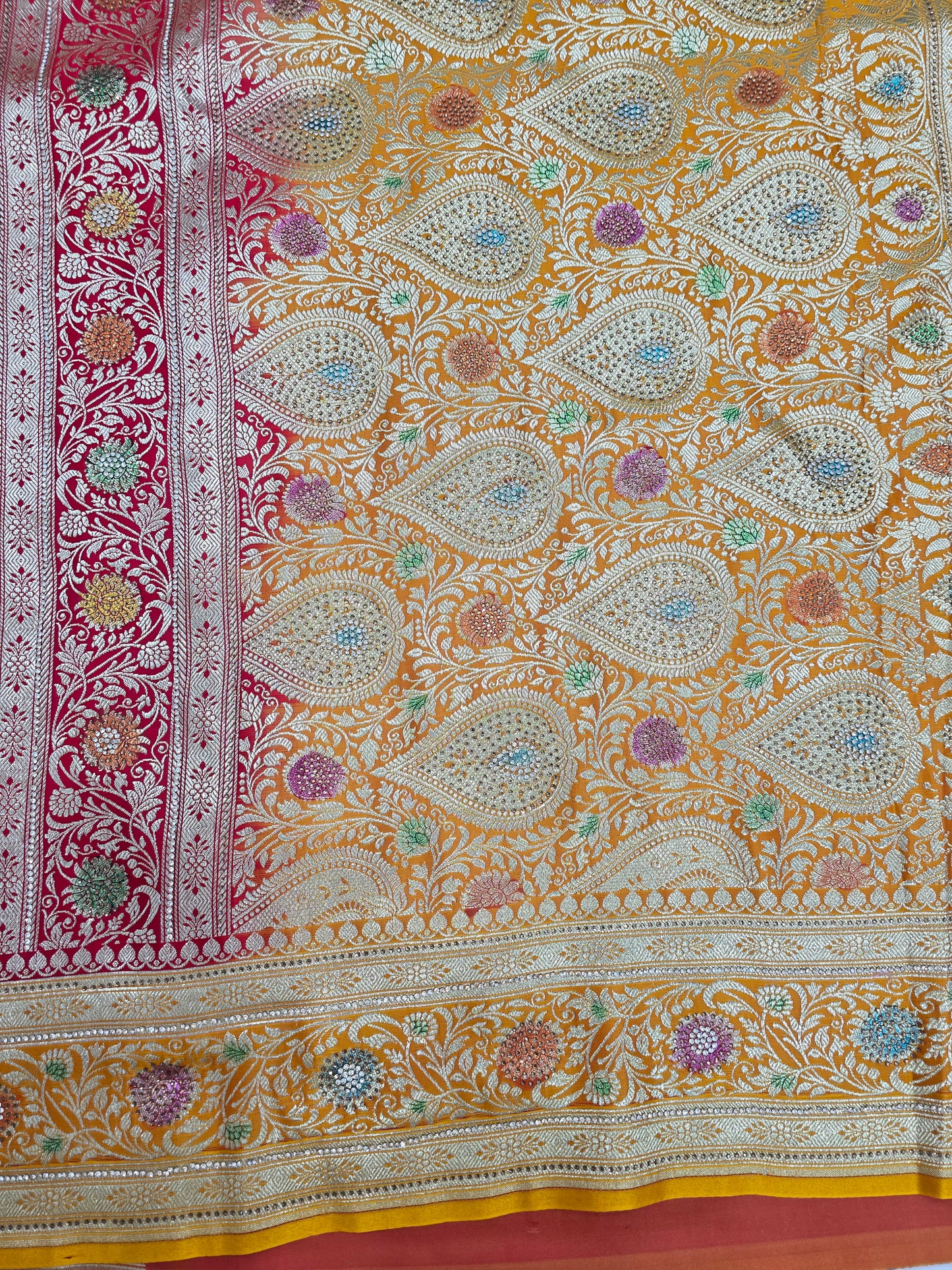 Red Zarkan Swarovski Banarsi Katan Saree