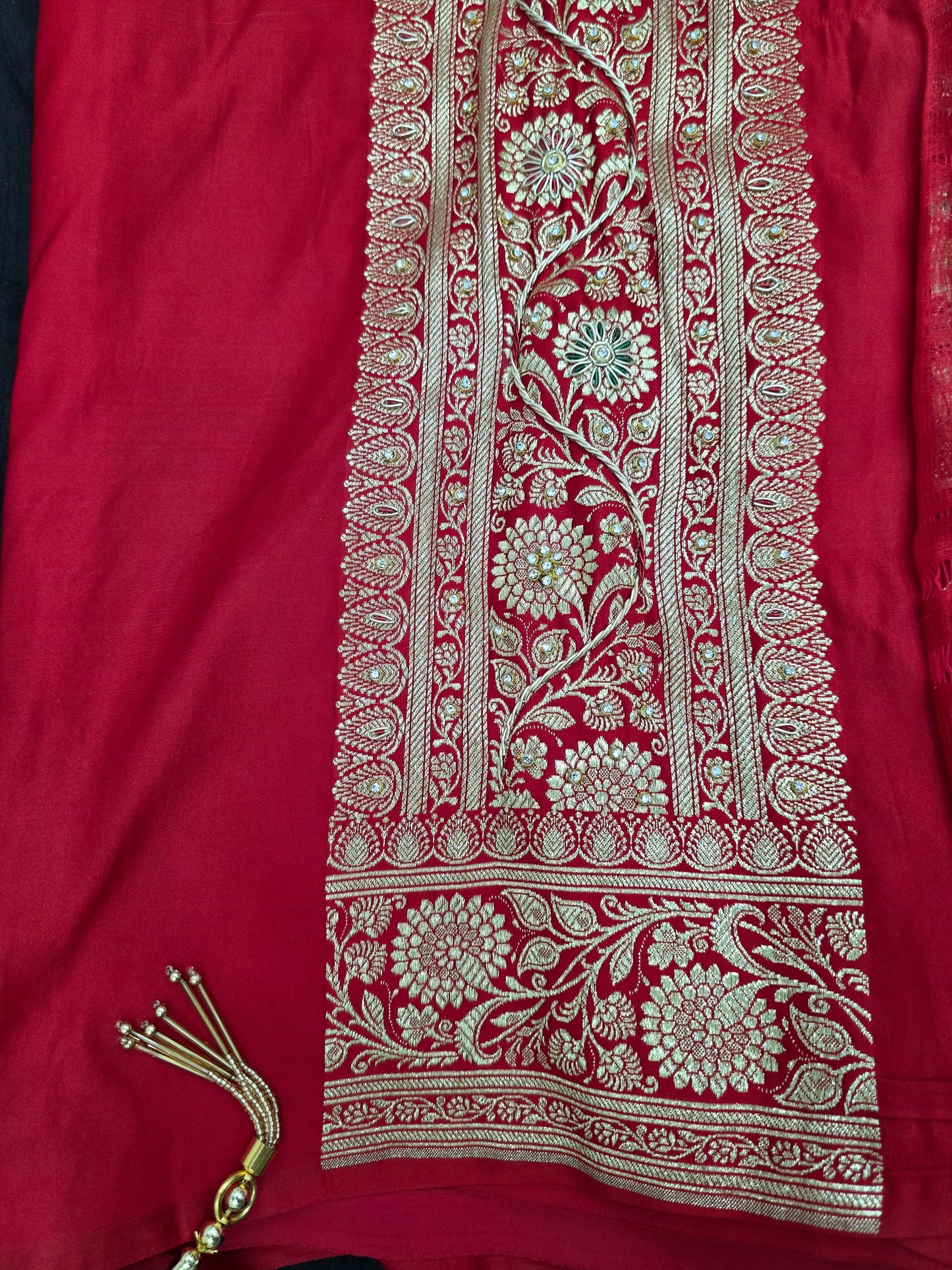 Red Zardozi Zarkan Banarasi Katan Saree