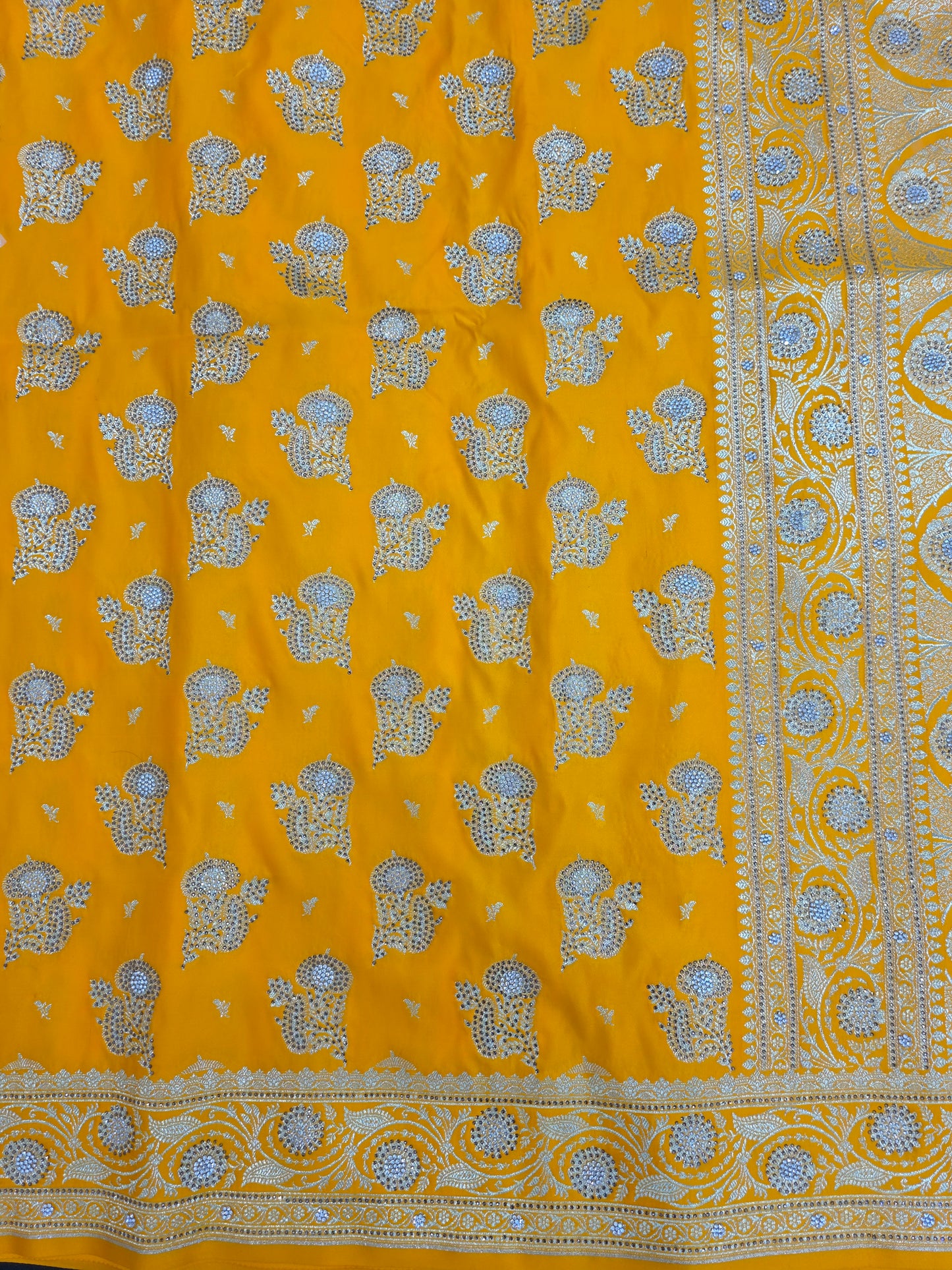 Yellow Zarkan Swarovski Banarasi Katan Saree