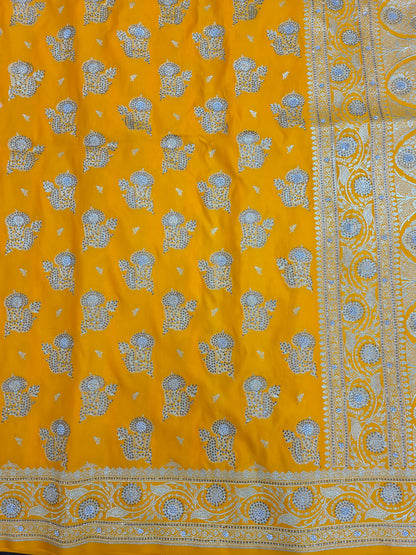 Yellow Zarkan Swarovski Banarasi Katan Saree