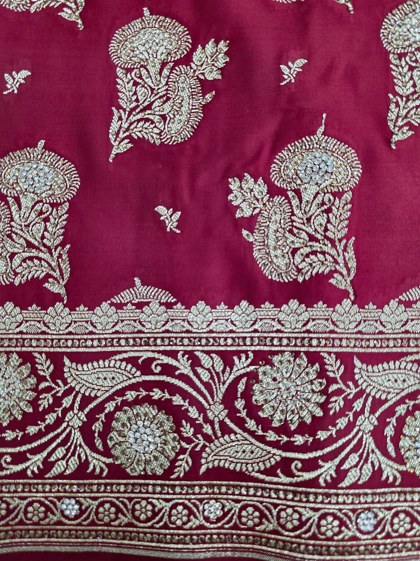 Maroon Zarkan Swarovski Banarasi Katan Saree