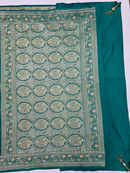 Teal Bule Zarkan Swarovski Banarasi Saree
