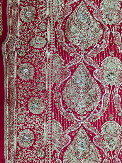 Red Zardozi Zarkan Banarasi Katan Saree