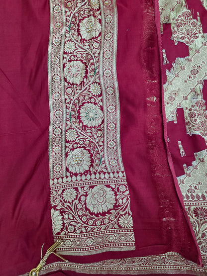Maroon Zardozi Zarkan Banarasi Katan Saree