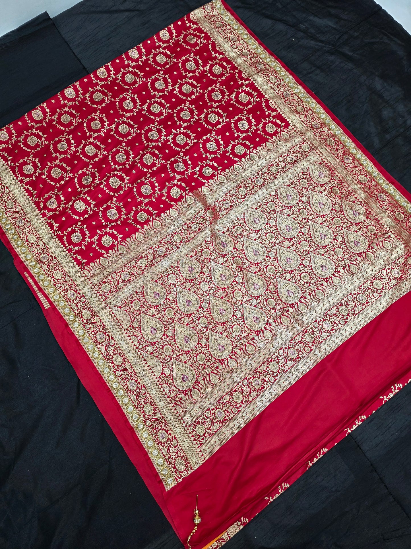 Red Zarkan Swarovski Banarasi Katan Saree
