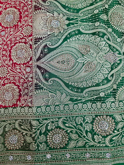 Red Zarkan Swarovski Banarasi Katan Saree