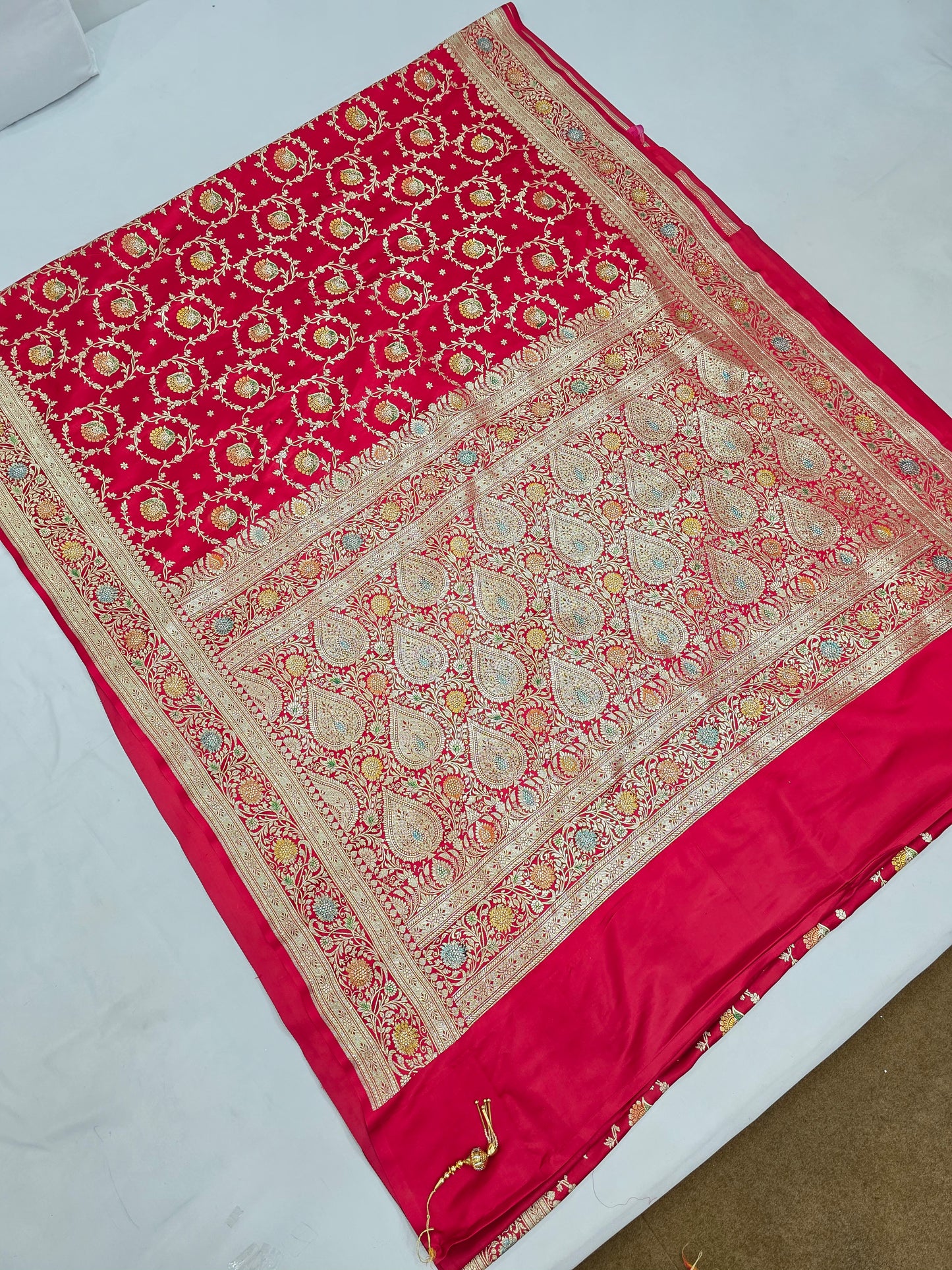 Red Zarkan swarovski Banarasi Katan Saree