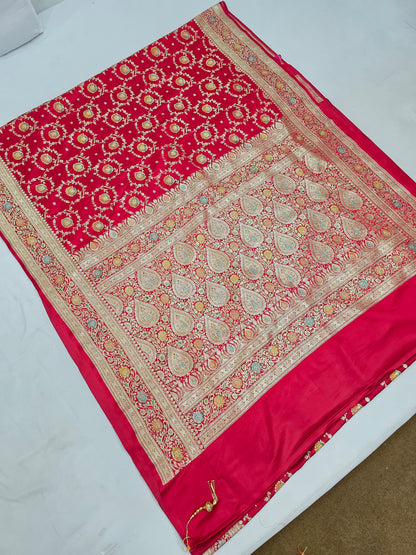 Red Zarkan swarovski Banarasi Katan Saree