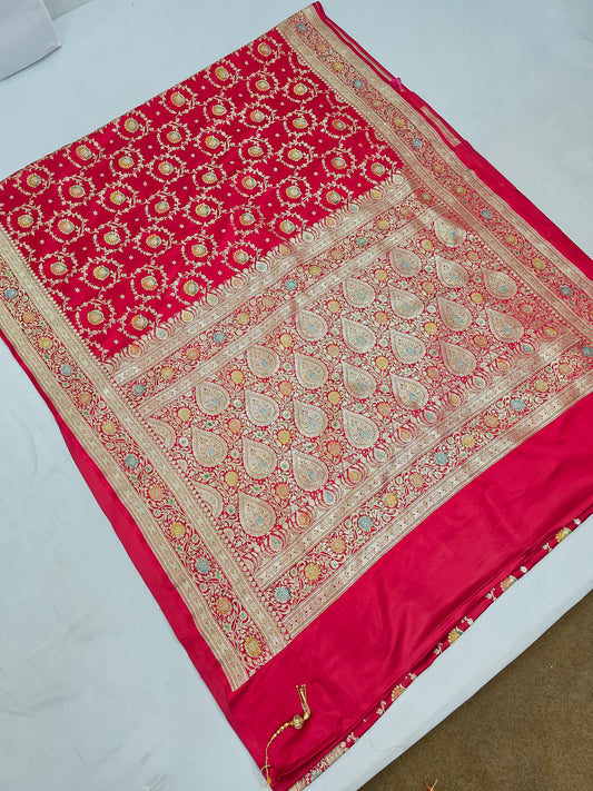 Red Zarkan swarovski Banarasi Katan Saree