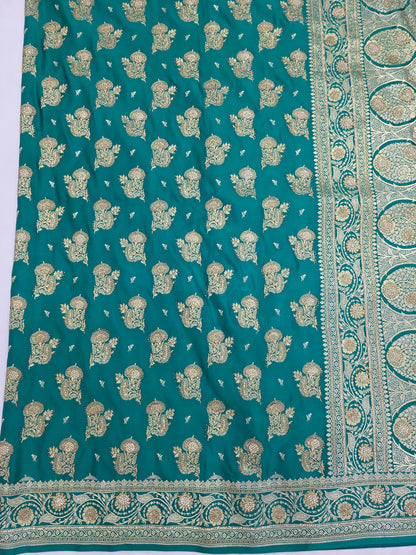 Teal Bule Zarkan Swarovski Banarasi Saree