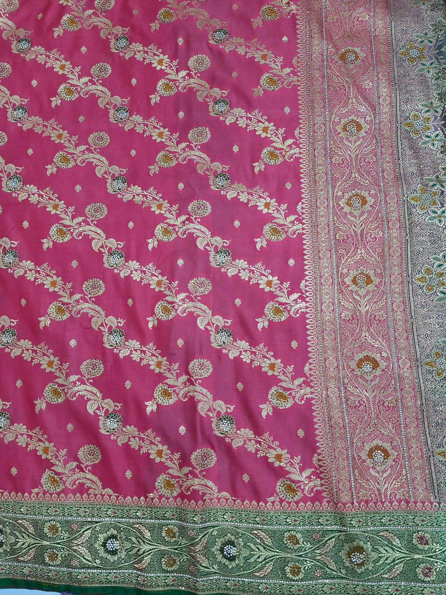 Strawberry Zarkan Swarovski Banarasi katan saree