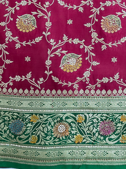 Maroon Zarkan Swarovski Banarsi Katan Saree