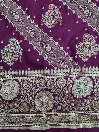 Wine Zardozi Zarkan Banarasi Katan Saree
