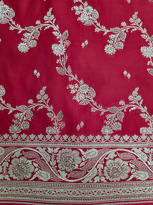 Red Swarovski Banarasi katan silk Saree