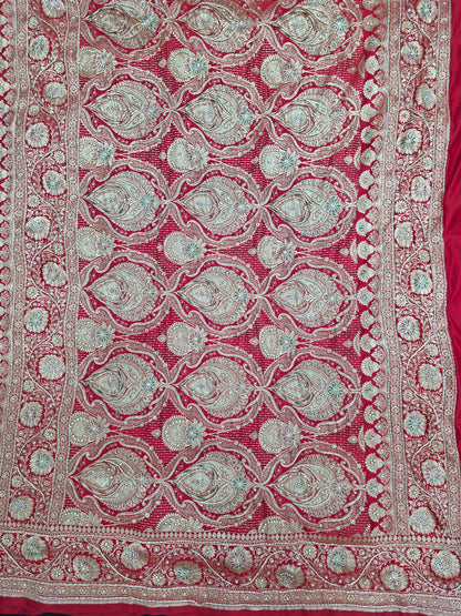 Red Zardozi Zarkan Banarasi Katan Saree