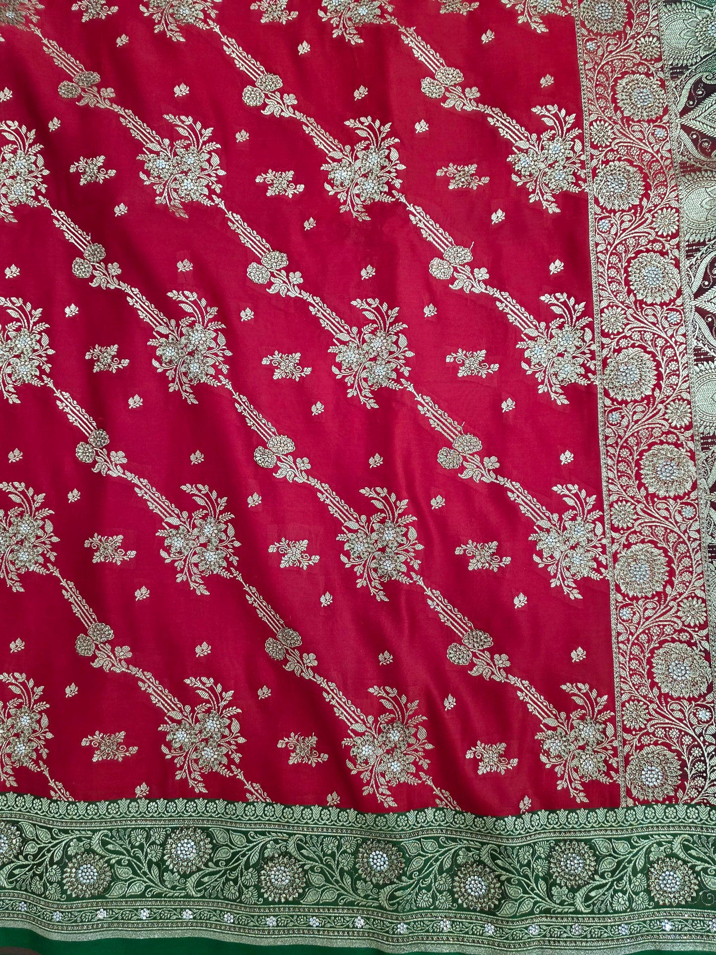 Red Zarkan Swarovski Banarasi Katan Saree