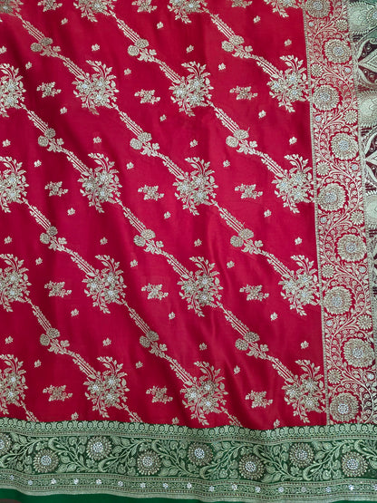 Red Zarkan Swarovski Banarasi Katan Saree