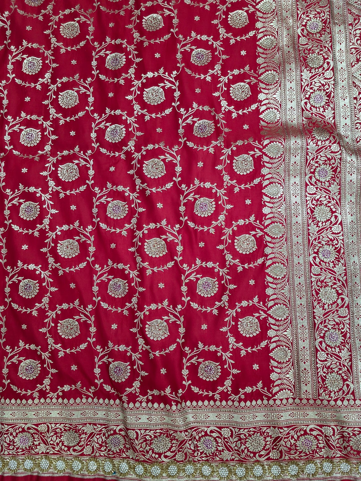 Red Zarkan Swarovski Banarasi Katan Saree