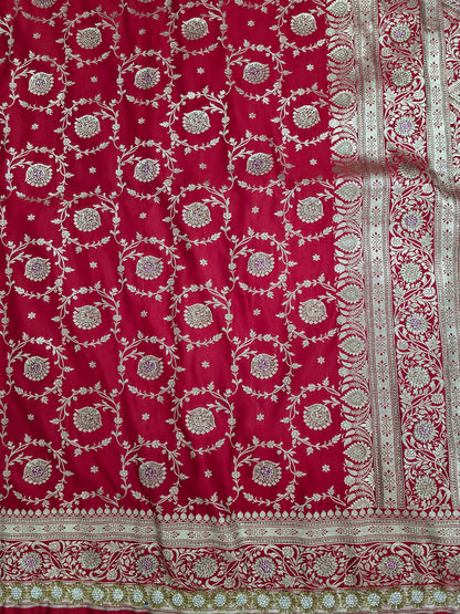 Red Zarkan Swarovski Banarasi Katan Saree