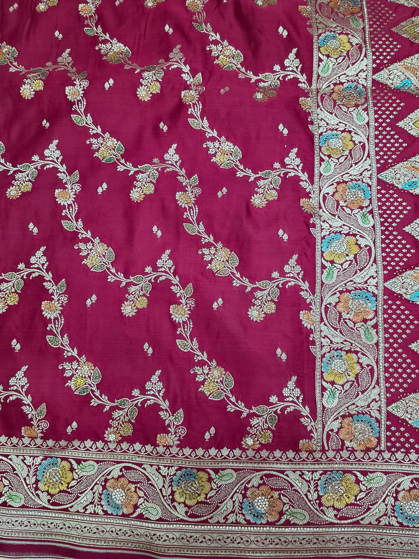 Maroon Zarkan Swarovski Banarsi Katan Saree