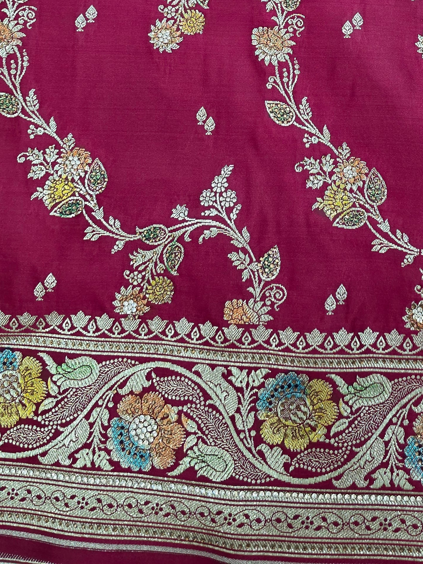 Maroon Zarkan Swarovski Banarsi Katan Saree