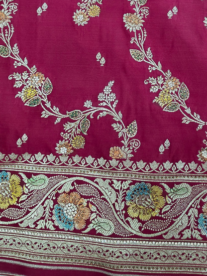 Maroon Zarkan Swarovski Banarsi Katan Saree
