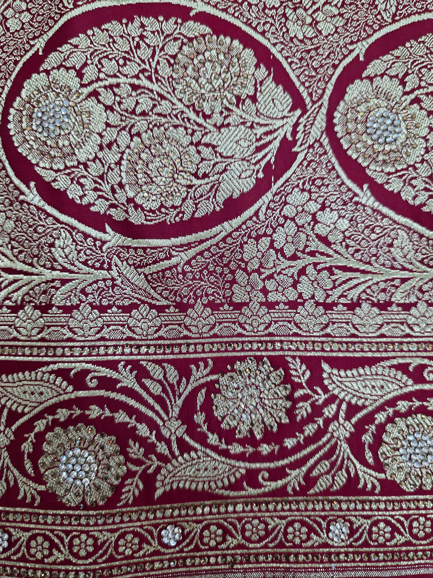 Maroon Zarkan Swarovski Banarasi Katan Saree