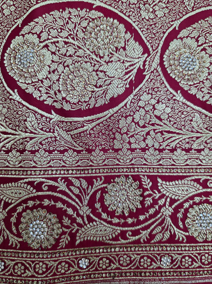 Maroon Zarkan Swarovski Banarasi Katan Saree