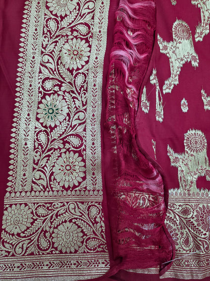 Maroon Zardozi Moti Katdana Banarasi Saree