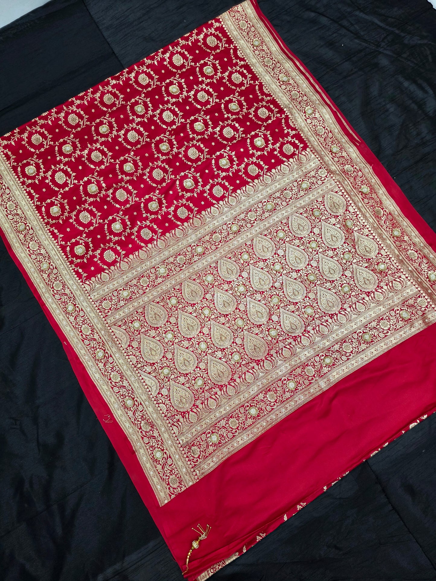 Red Zarkan Swarovski Banarasi Katan Saree