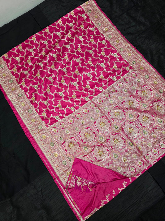 Strawberry Rani Pink Zardozi Zarkan Banarasi  Katan Saree
