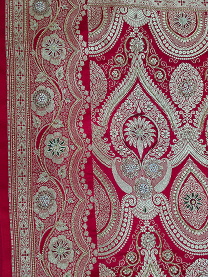 Red Zardozi Zarkan Moti Banarasi Saree