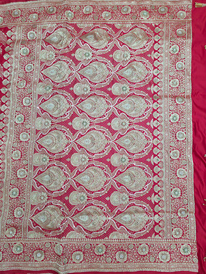 Red Zardozi Zarkan Banarasi Katan Saree