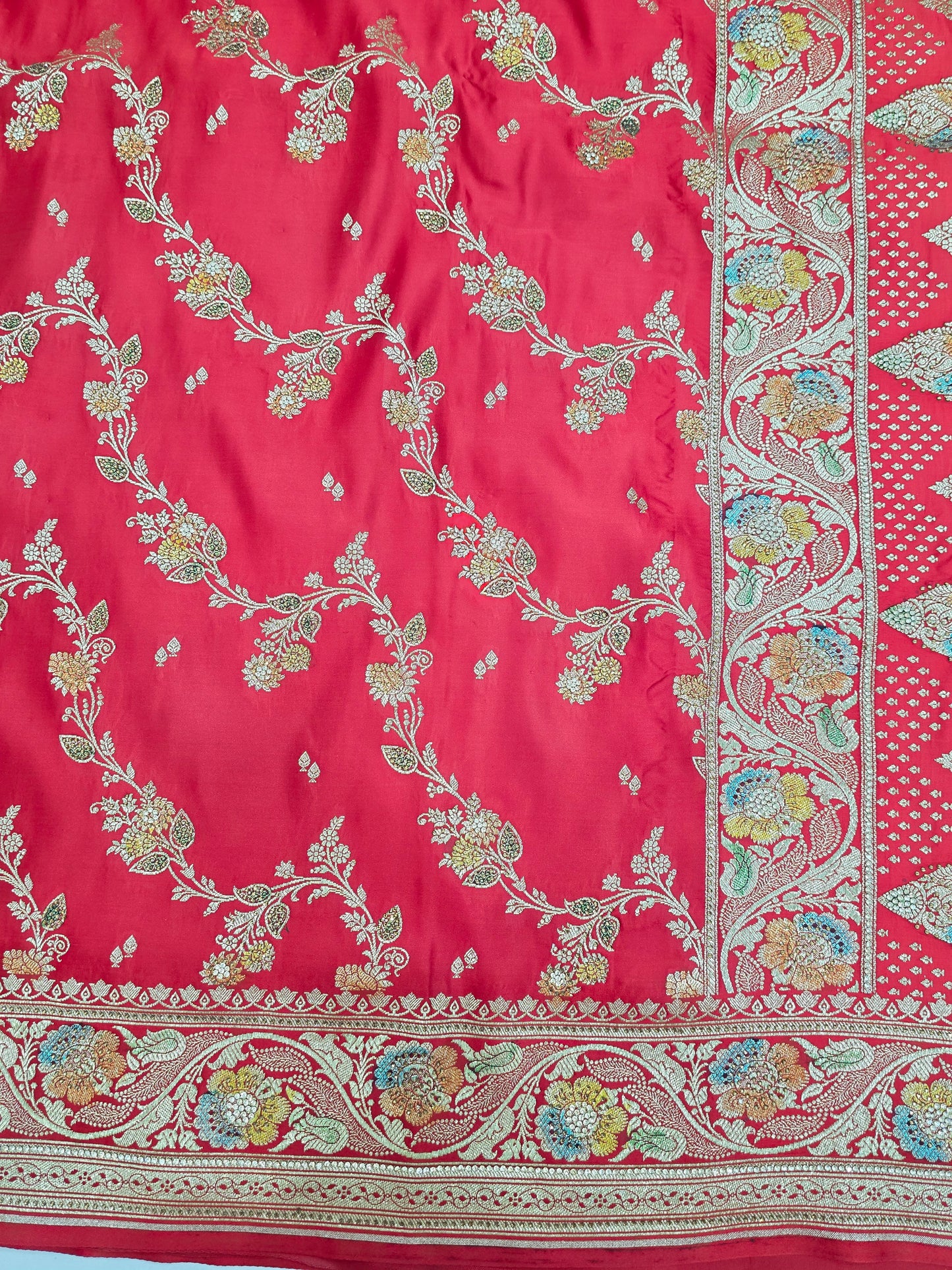 Red Zarkan Swarovski Banarsi Katan Saree