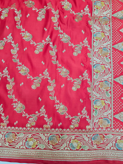 Red Zarkan Swarovski Banarsi Katan Saree