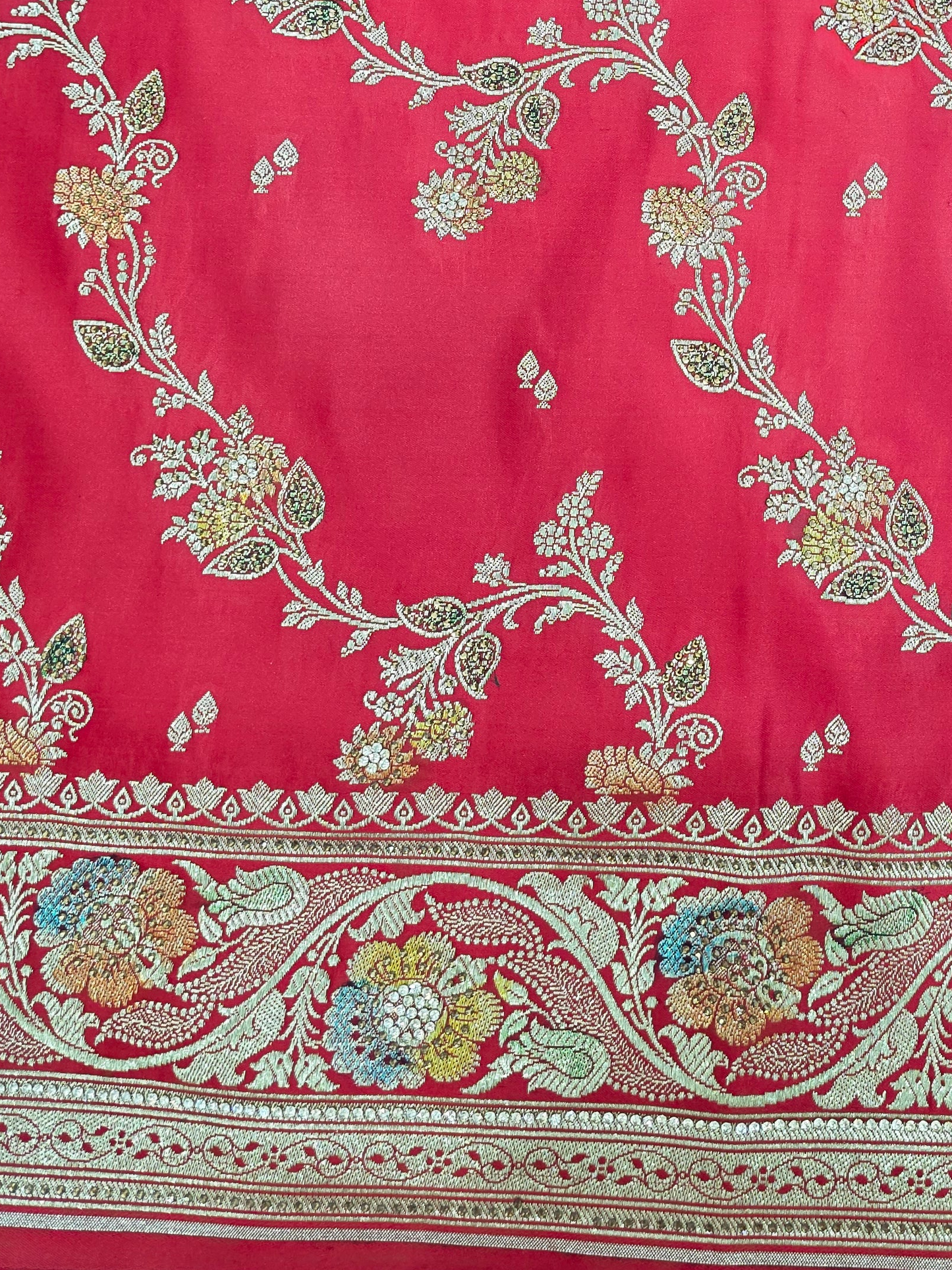 Red Zarkan Swarovski Banarsi Katan Saree