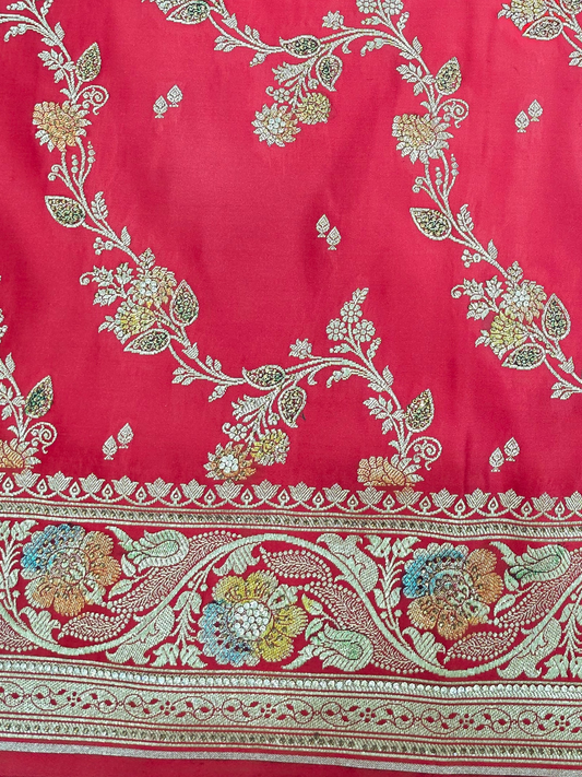 Red Zarkan Swarovski Banarsi Katan Saree