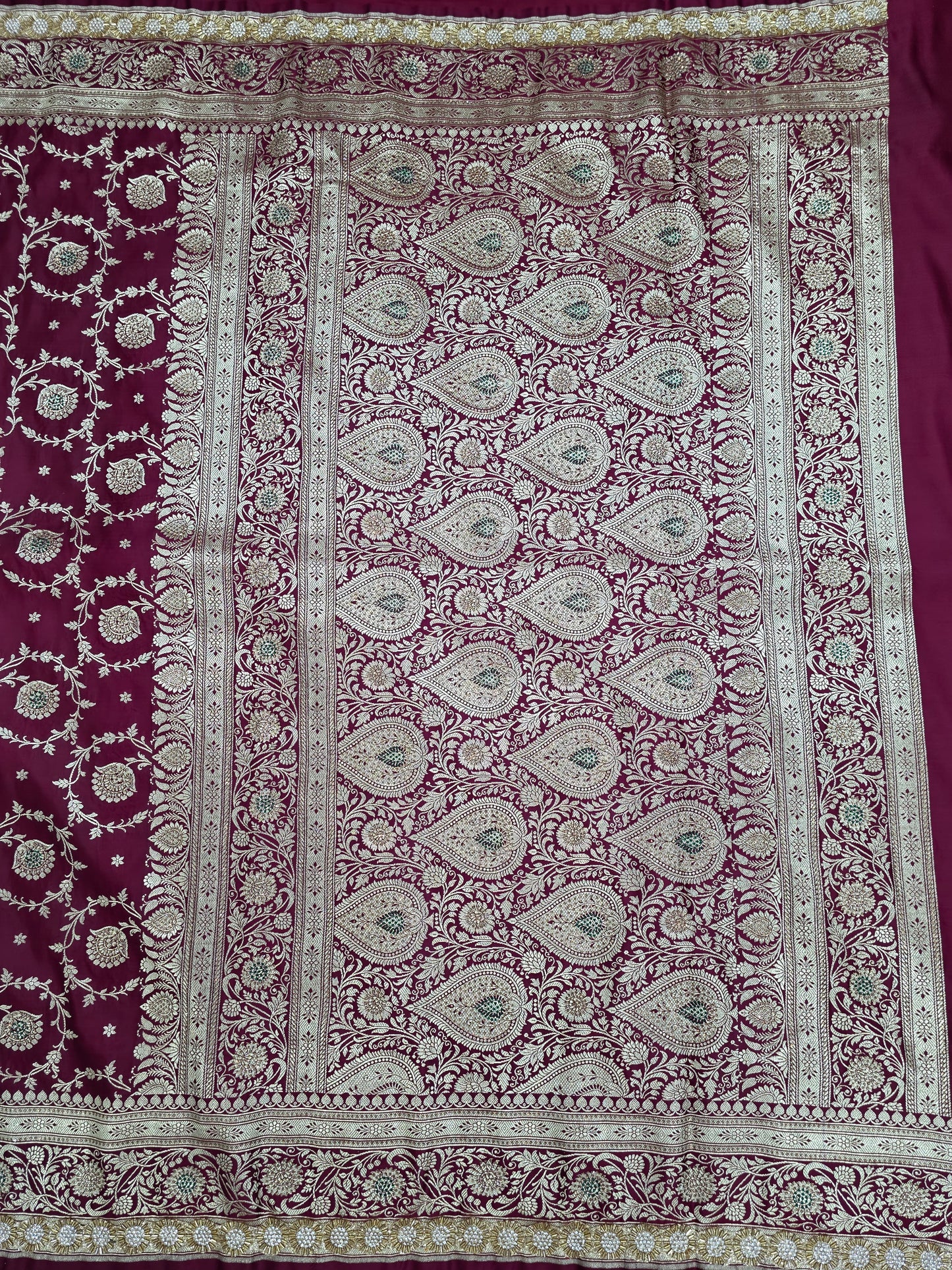 Maroon Zarkan Swarovski Banarasi Katan Saree