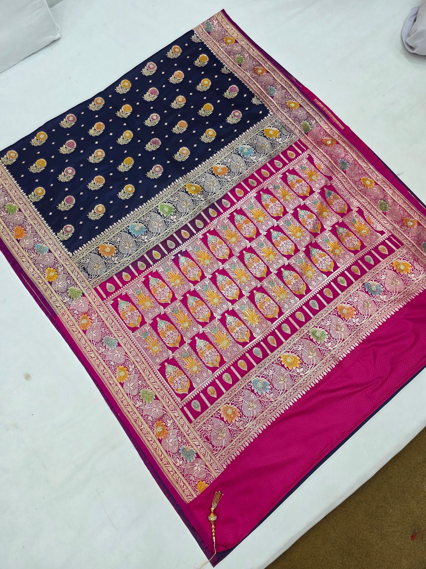 Navy Zarkan Swarovski Banarasi Katan Saree