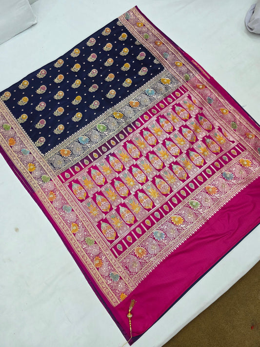 Navy Zarkan Swarovski Banarasi Katan Saree